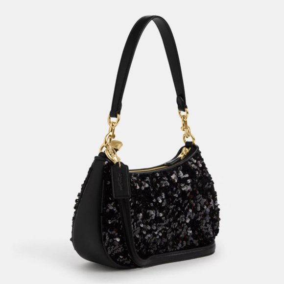 COACH CO951 Teri Shoulder Bag In Sequins And Smooth Leather Gold/Black - Picture 3 of 15